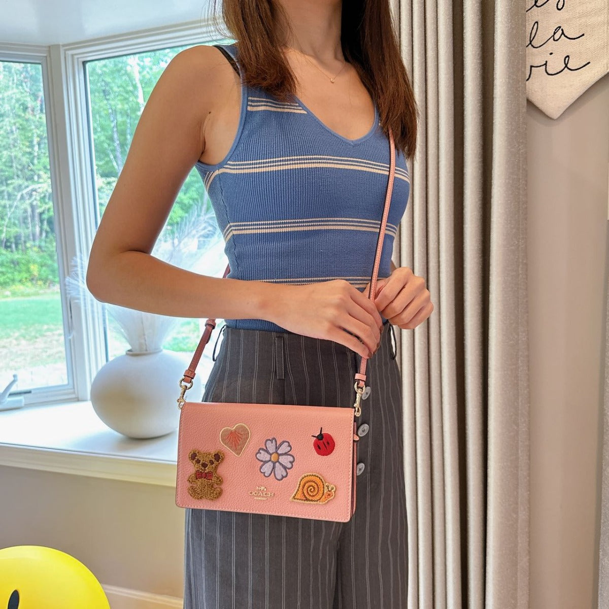 Coach CC469 Anna Foldover Clutch Crossbody With Creature Patches Candy Pink Multi Coach CC469 Anna Foldover Clutch Crossbody With Creature Patches Candy Pink Multi